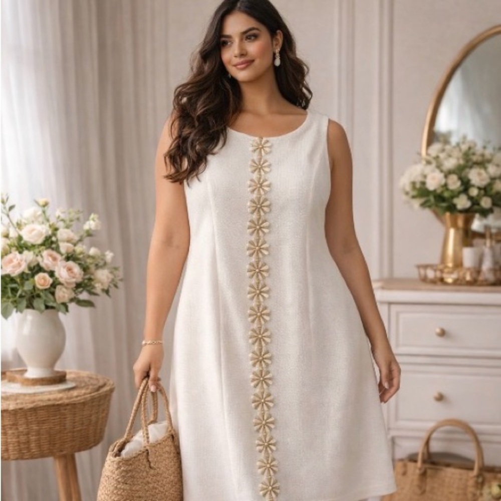 NWT Jessica Howard 22W White Textured Shift Dress Gold Detail Elegant Plus Size